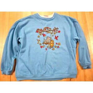 Vintage Basic Editions Sweatshirt Cats Birds Graphic Teal Blue Women's Large L